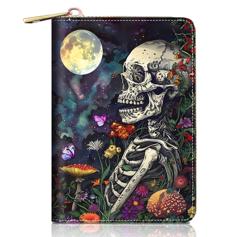 8428 Credit Card Holder Wallets , Skull Flowers Under Moon Design RFID